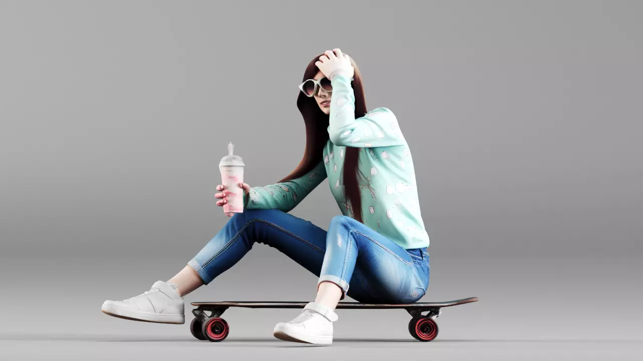 S00201 Realistic Female Skater Sitting on Longboard 3D Model Low-poly 3D model