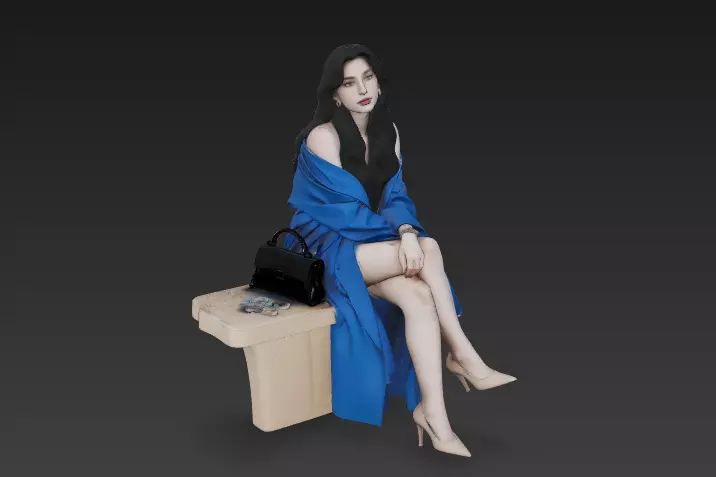 Urban scene woman in sapphire blue dress Free 3D model