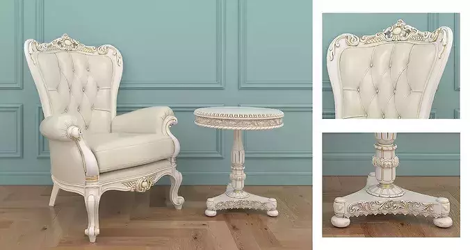 Luxury Classical Armchair and Side Table Set 3D model