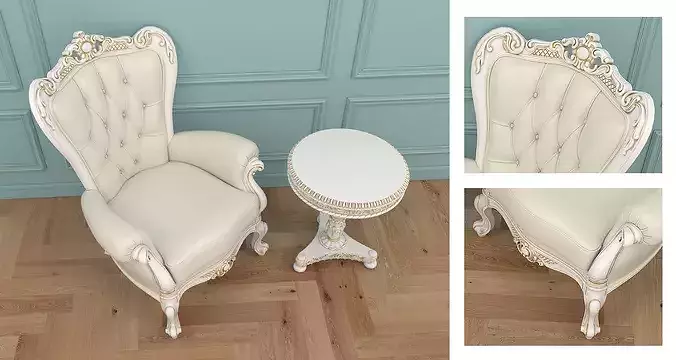 Luxury Classical Armchair and Side Table Set 3D model 2