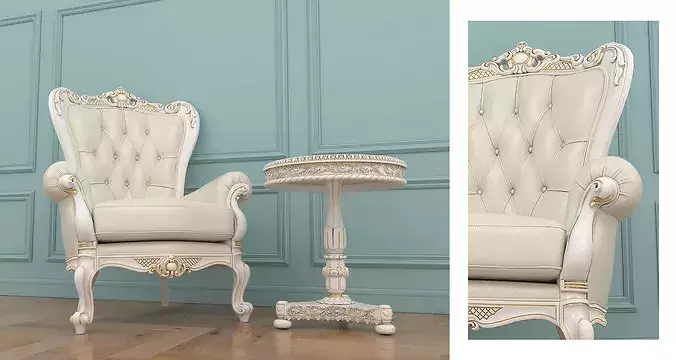 Luxury Classical Armchair and Side Table Set 3D model 3