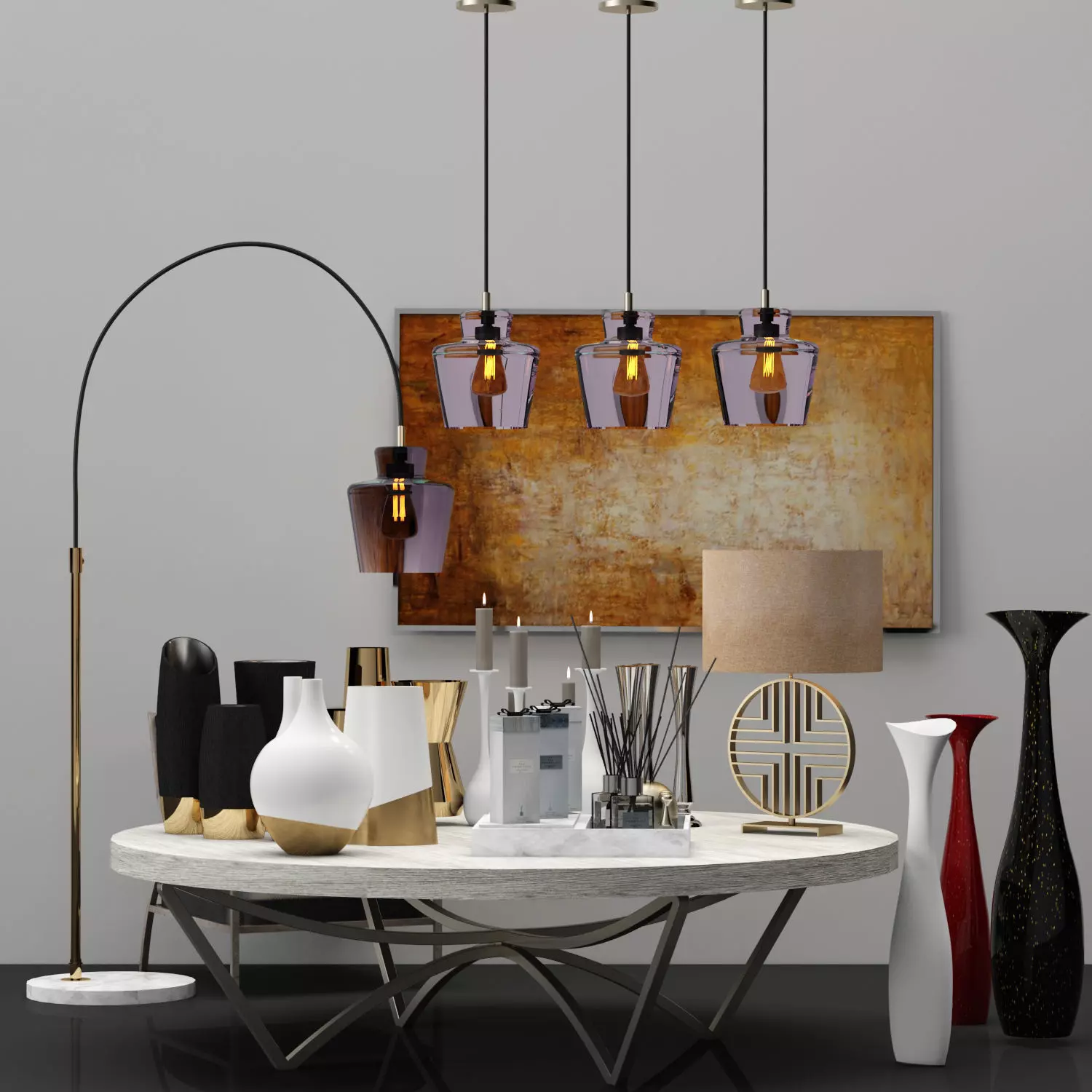 Decorative set - 4 modern living room with three pendant ligh... 3D model