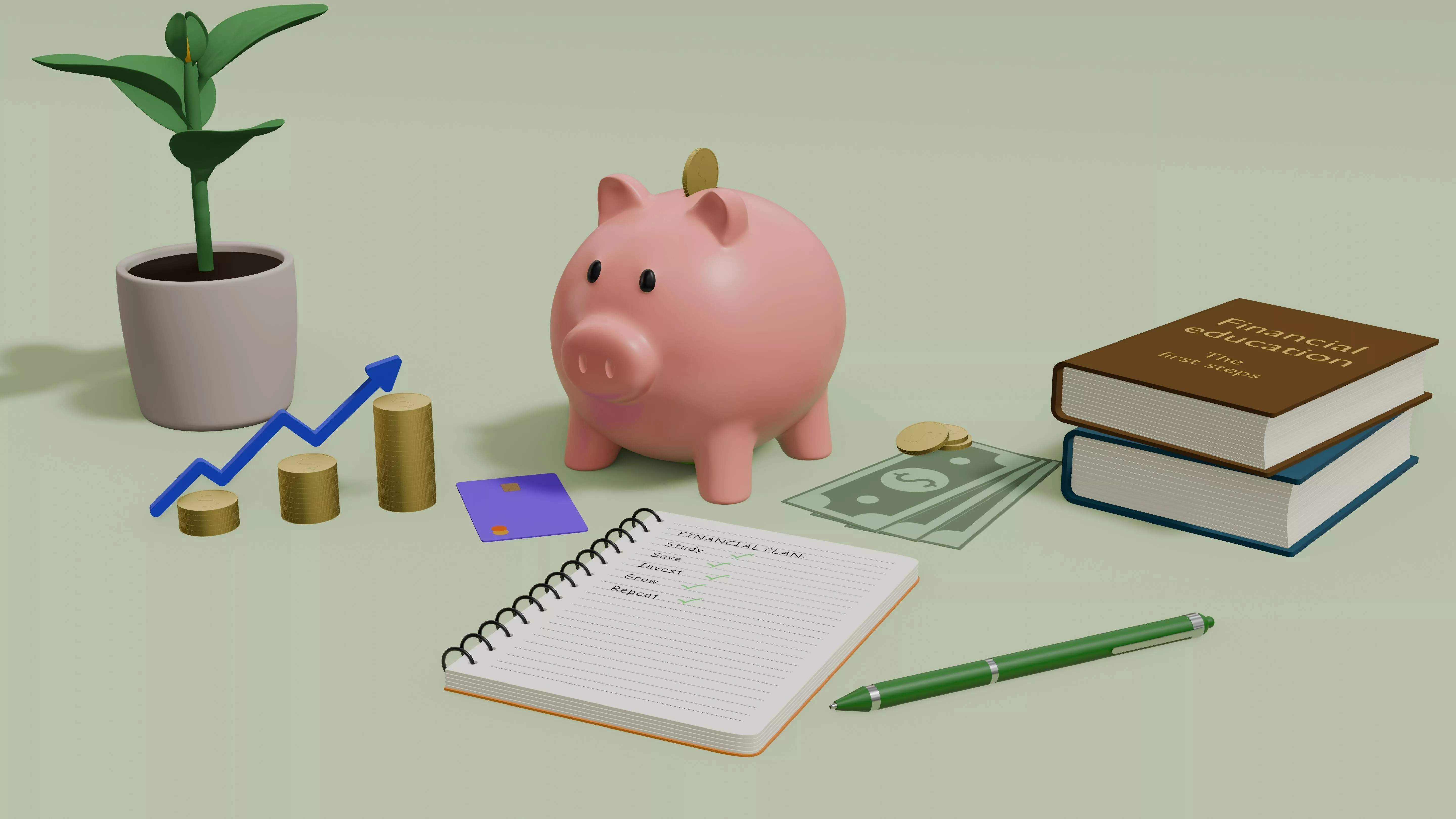 Financial Education Scene with Piggy Bank and Savings Elements Low-poly 3D model