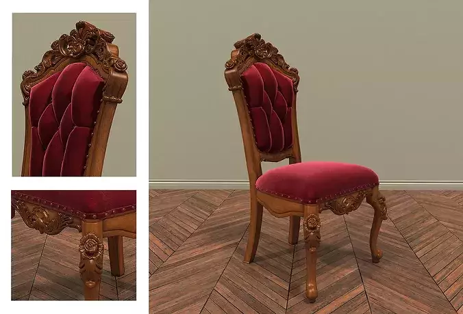 Classic European Carved Wood Chair with Velvet Tufting 3D model 3