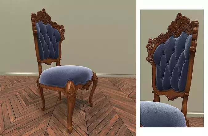 Classic European Carved Wood Chair with Velvet Tufting 3D model 5