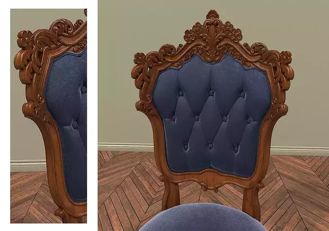 Classic European Carved Wood Chair with Velvet Tufting 3D model 6