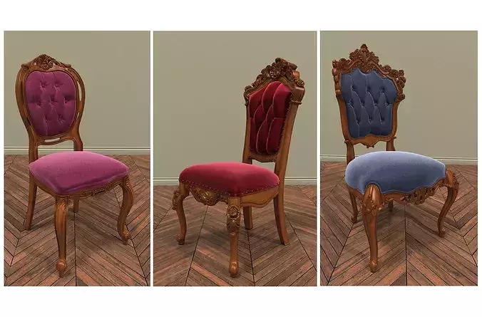 Classic European Carved Wood Chair with Velvet Tufting 3D model