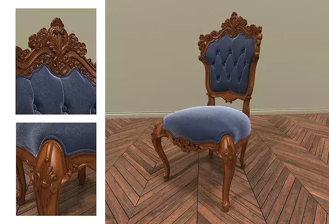 Classic European Carved Wood Chair with Velvet Tufting 3D model 2