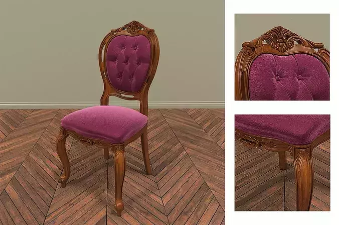 Classic European Carved Wood Chair with Velvet Tufting 3D model 4