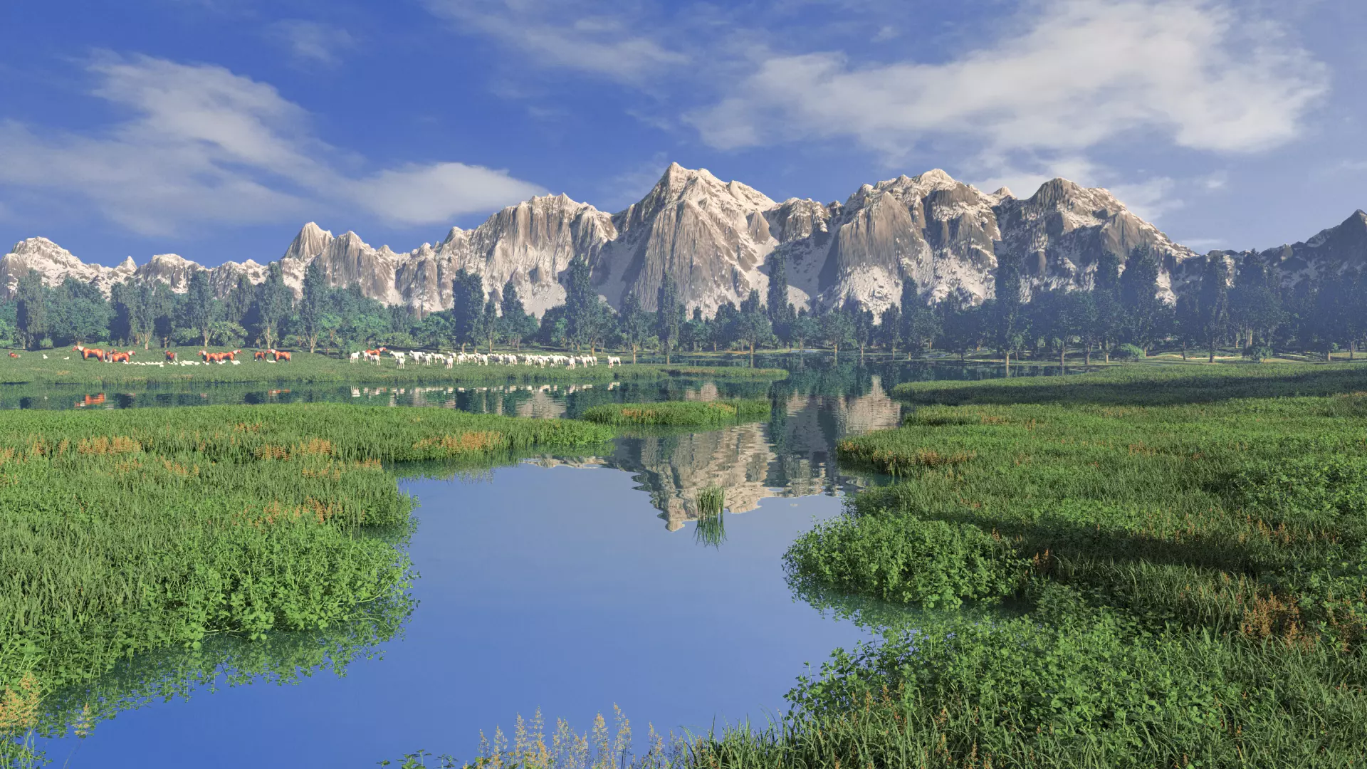 Alpine Grassland Landscape Wild Horses and Snow Mountain Scenery 3D model