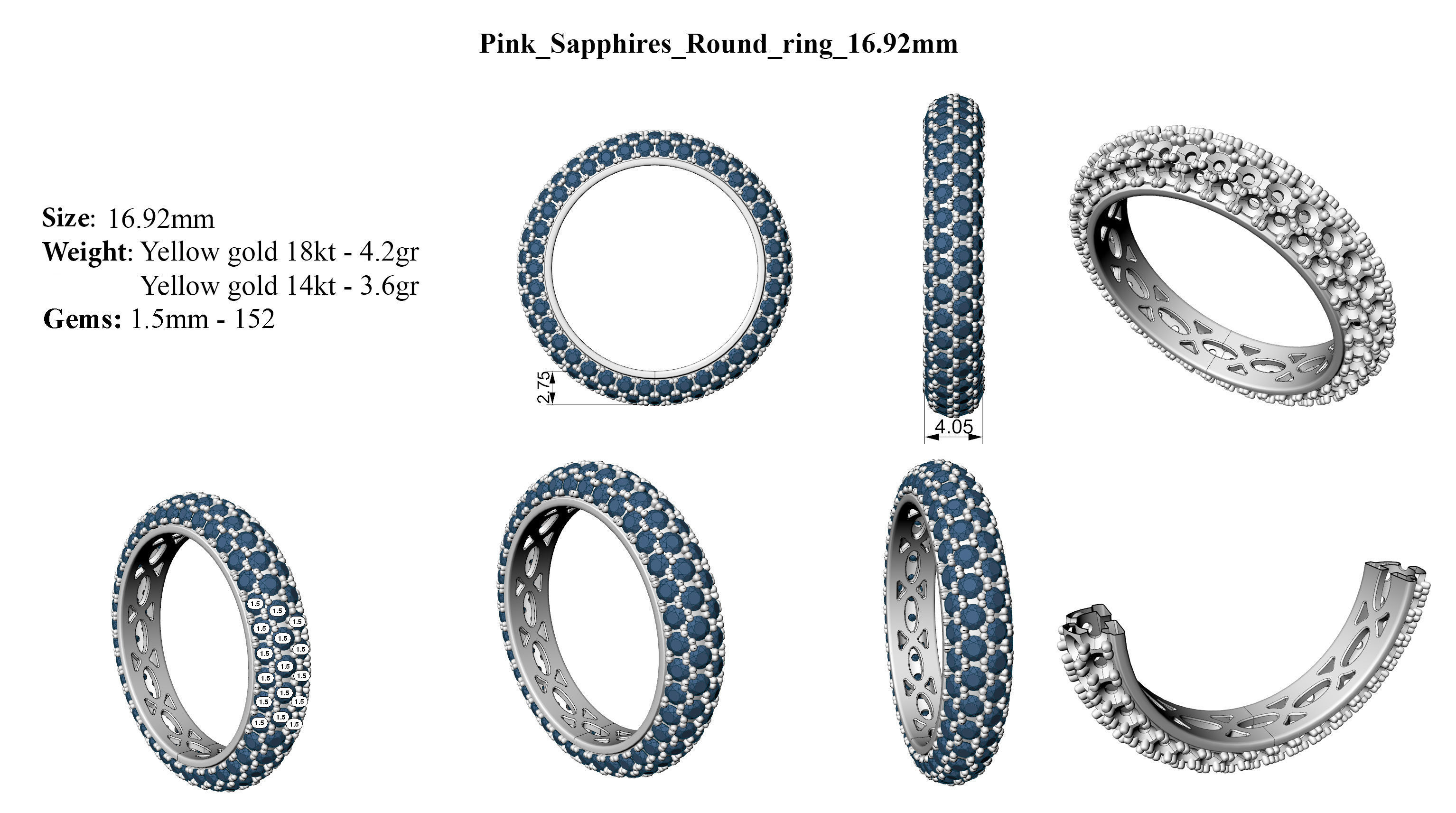 Pink Sapphires Round ring 3D print model_1