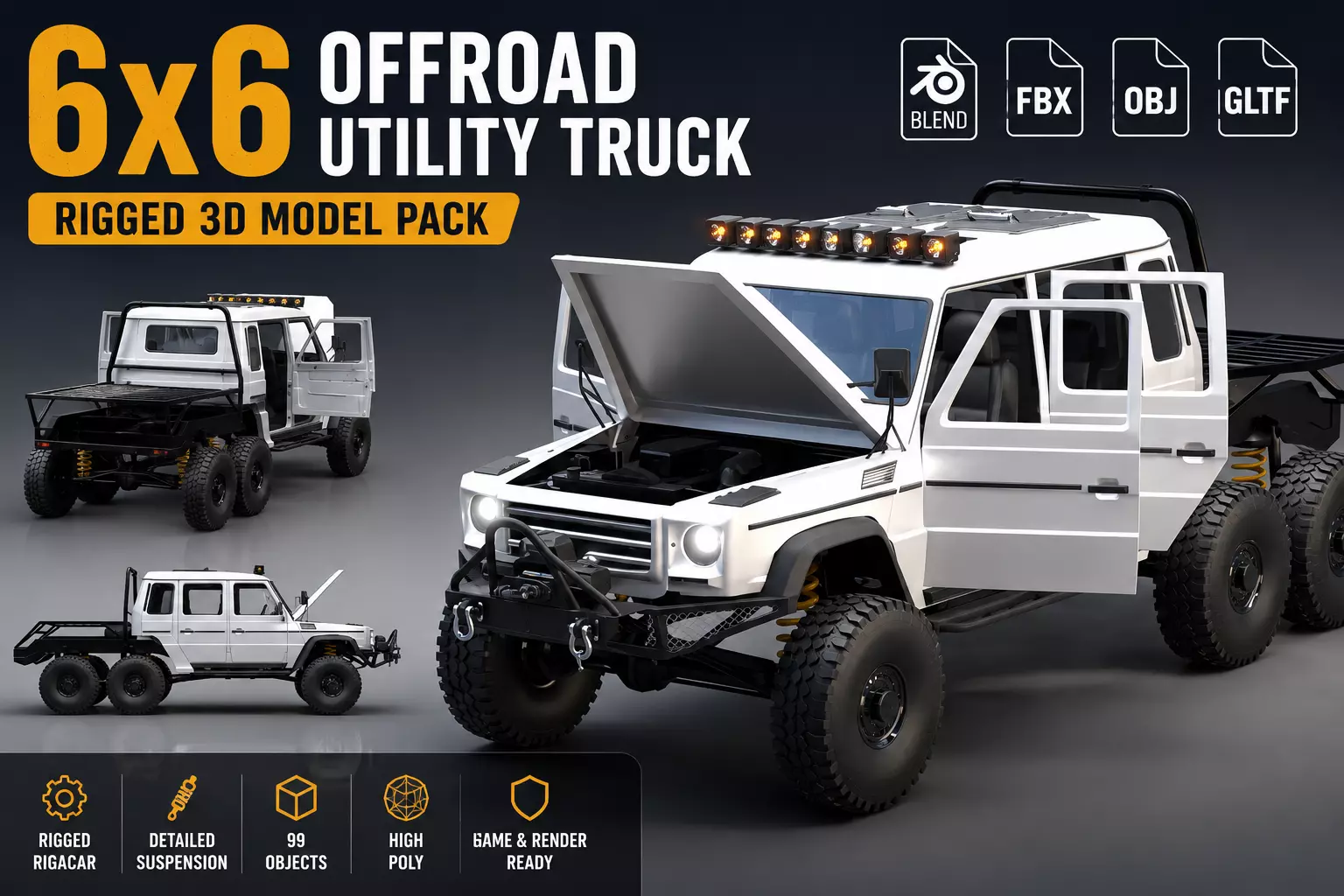 6x6 Offroad Utility Truck Rigged Vehicle 3D Model Low-poly 3D model
