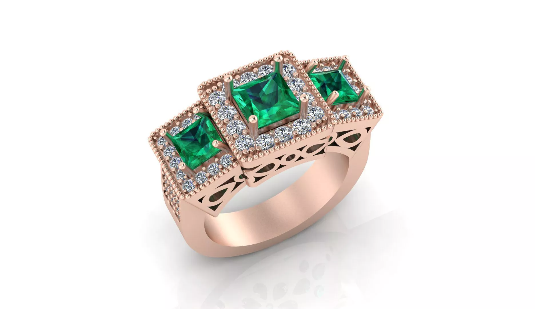 3 princes cut emerald halo engagement high jewelry ring 3D print model