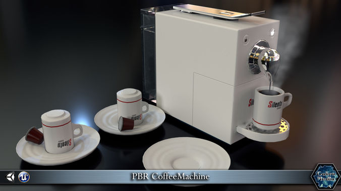 PBR CoffeeMachine coffee machine with cups and saucers Low-poly 3D model
