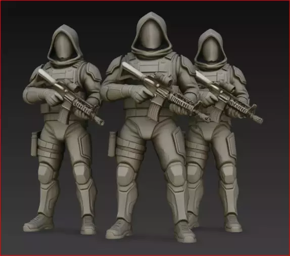 Faceless Hooded Commando Trio Statue STL Print Model 3D print model
