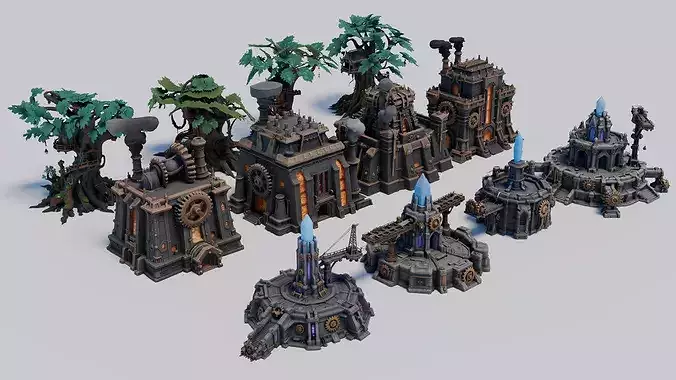 Stylized Steampunk and Magitech Building Pack - 12 Structures