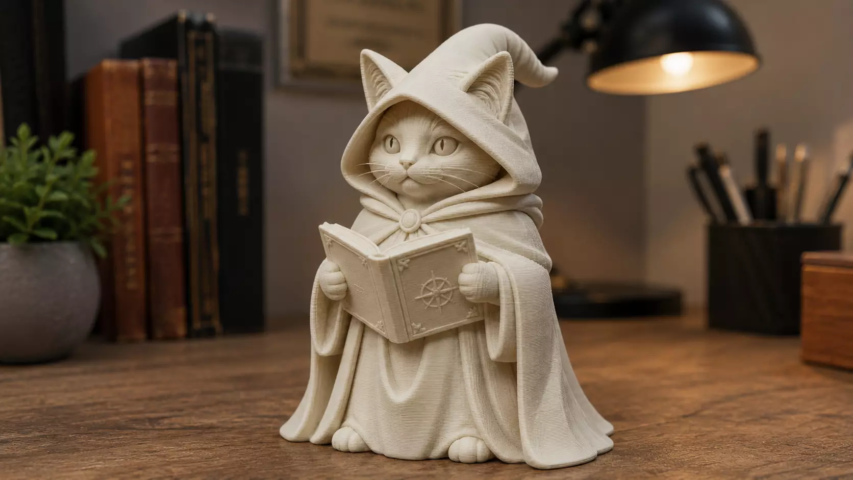 Wizard Cat Figurine Reading Spellbook Fantasy Statue 3D print model