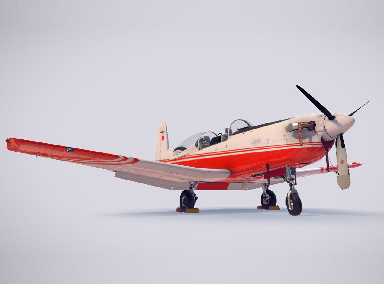 Pilatus PC-7 Mk-I FactoryRedWhite livery Low-poly 3D model_2