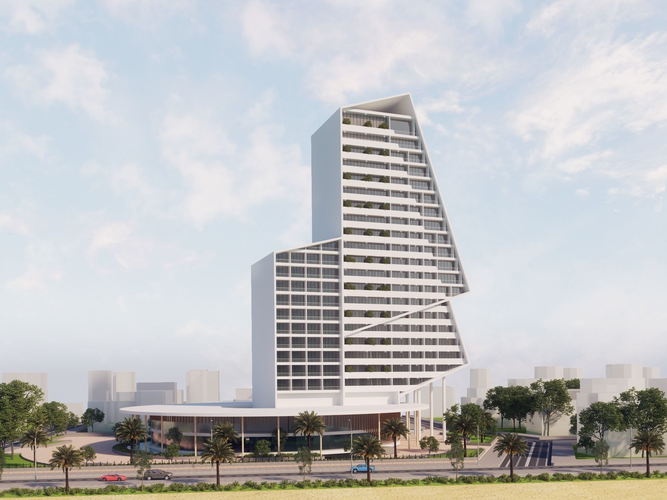 3D rendering modern hotel in middle of city