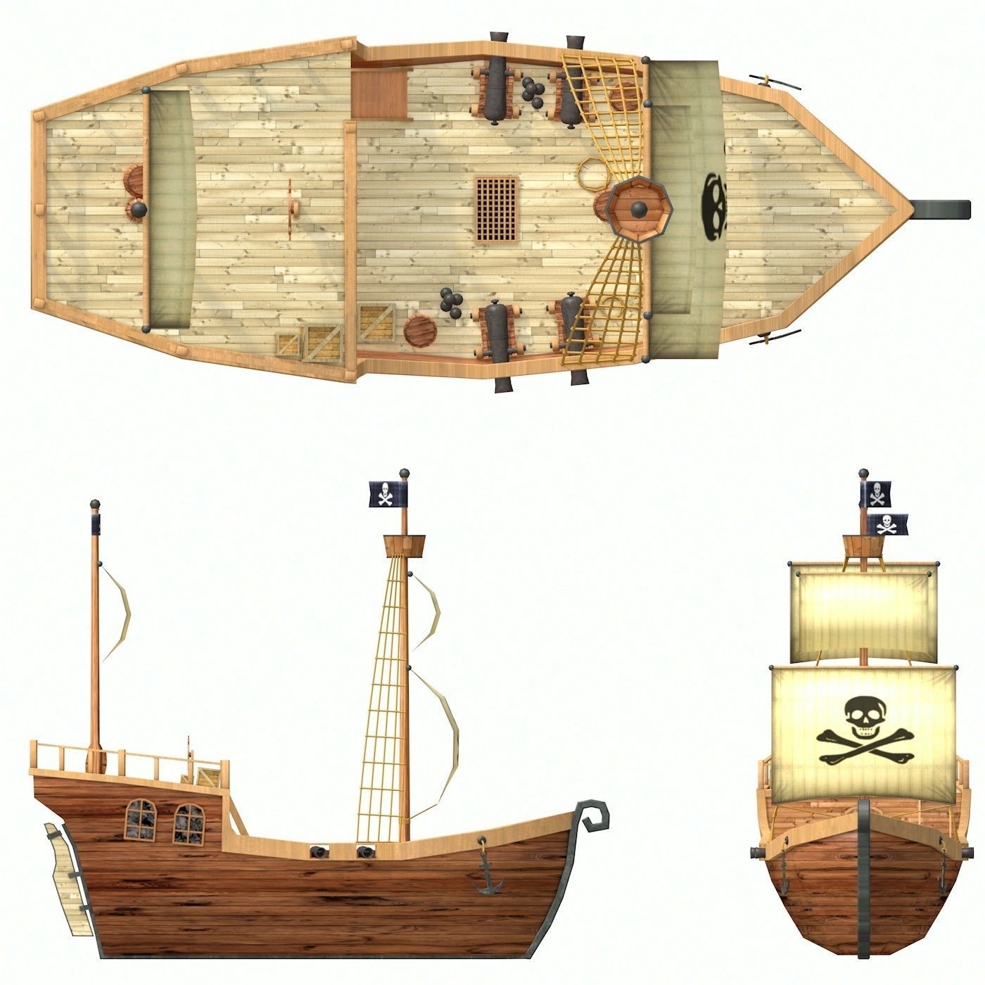 Low Poly Cartoon Pirate Ship Textured Low-poly 3D model_15