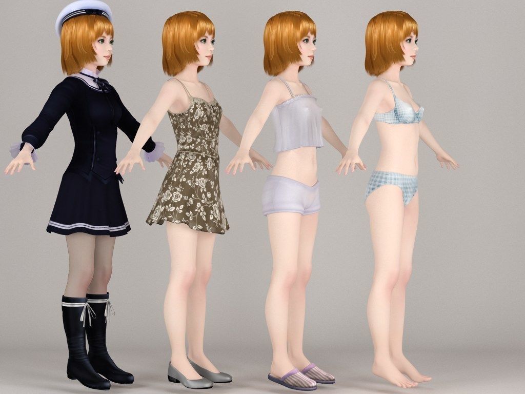 T pose rigged model of Lolita with various outfit 3D model_8