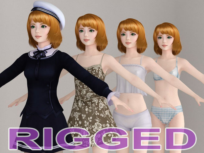 T pose rigged model of Lolita with various outfit 3D model