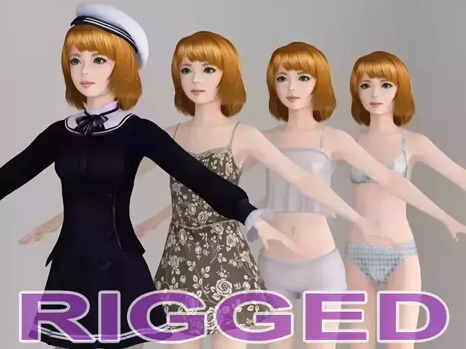 T pose rigged model of Lolita with various outfit 3D model
