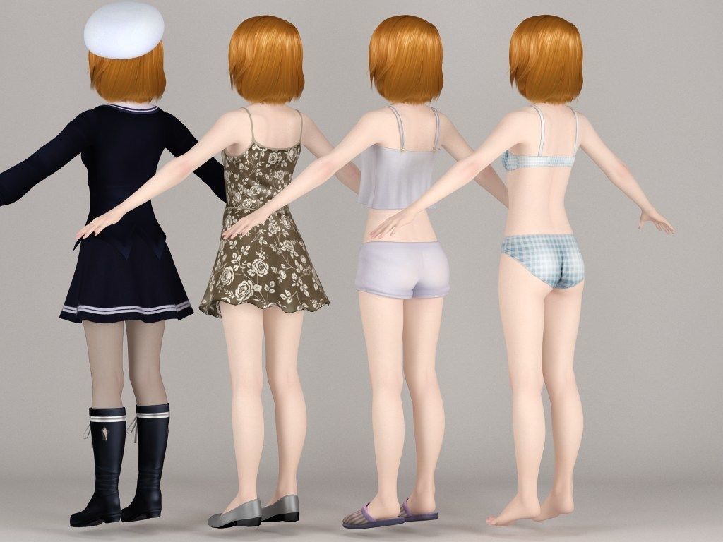 T pose rigged model of Lolita with various outfit 3D model_7
