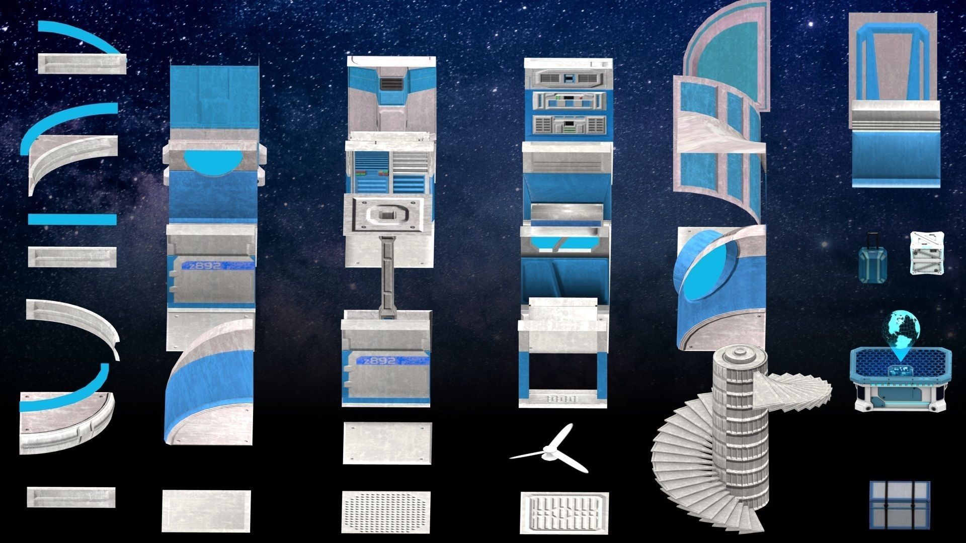 Game-Ready Modular Space Station Interior Kit Low-poly 3D model_13