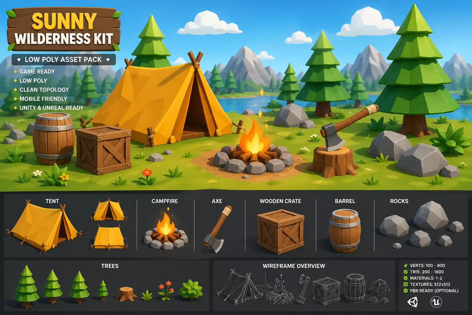 Sunny Wilderness Kit Low Poly Nature and Camping Asset Pack 3D model