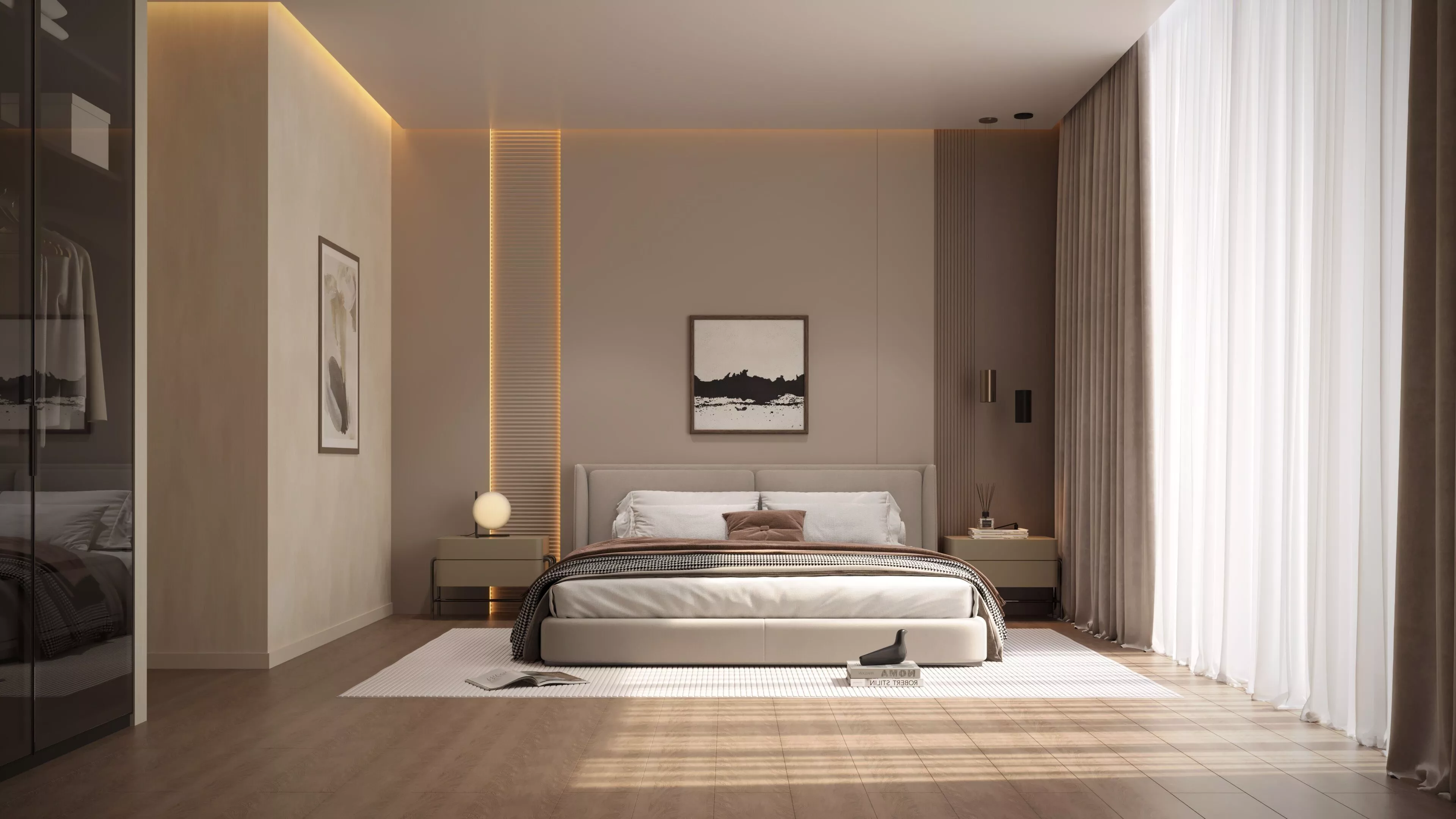 Modern Minimalist Interior Design Warm Beige Luxury Bedroom 3D model