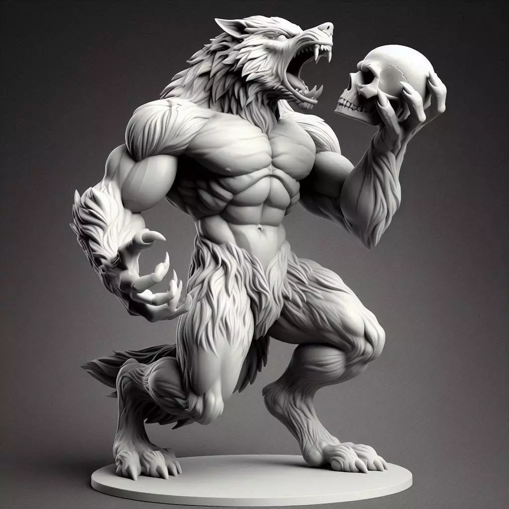 4155 Howling Werewolf with Skull 3D Printed Statue STL 3D print model