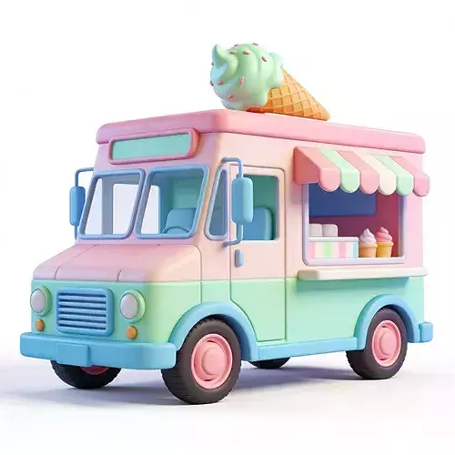 Stylized 3D Pastel Ice Cream Truck Model