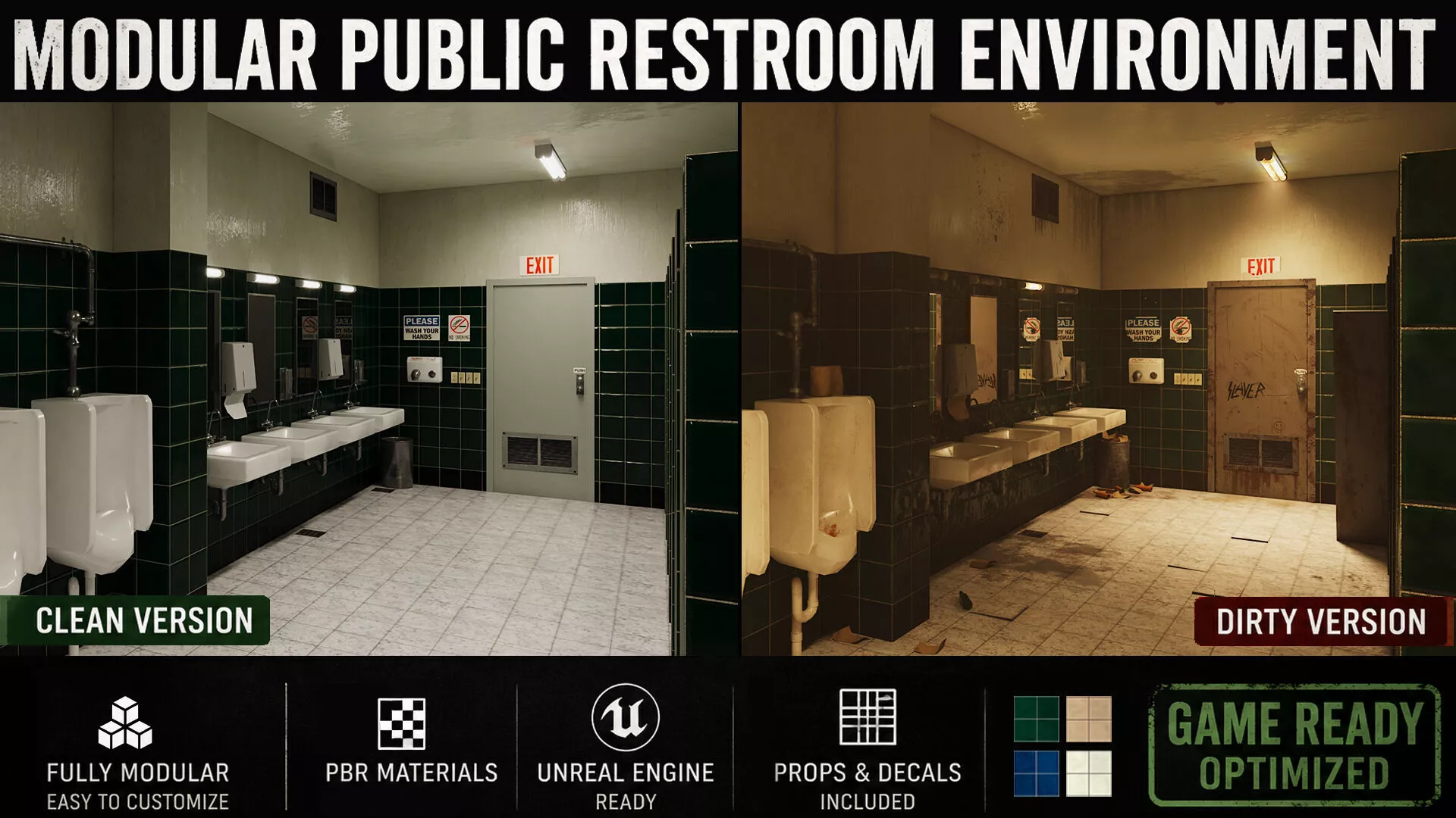 Modular Public Restroom Environment Clean and Dirty Game Ready Low-poly 3D model