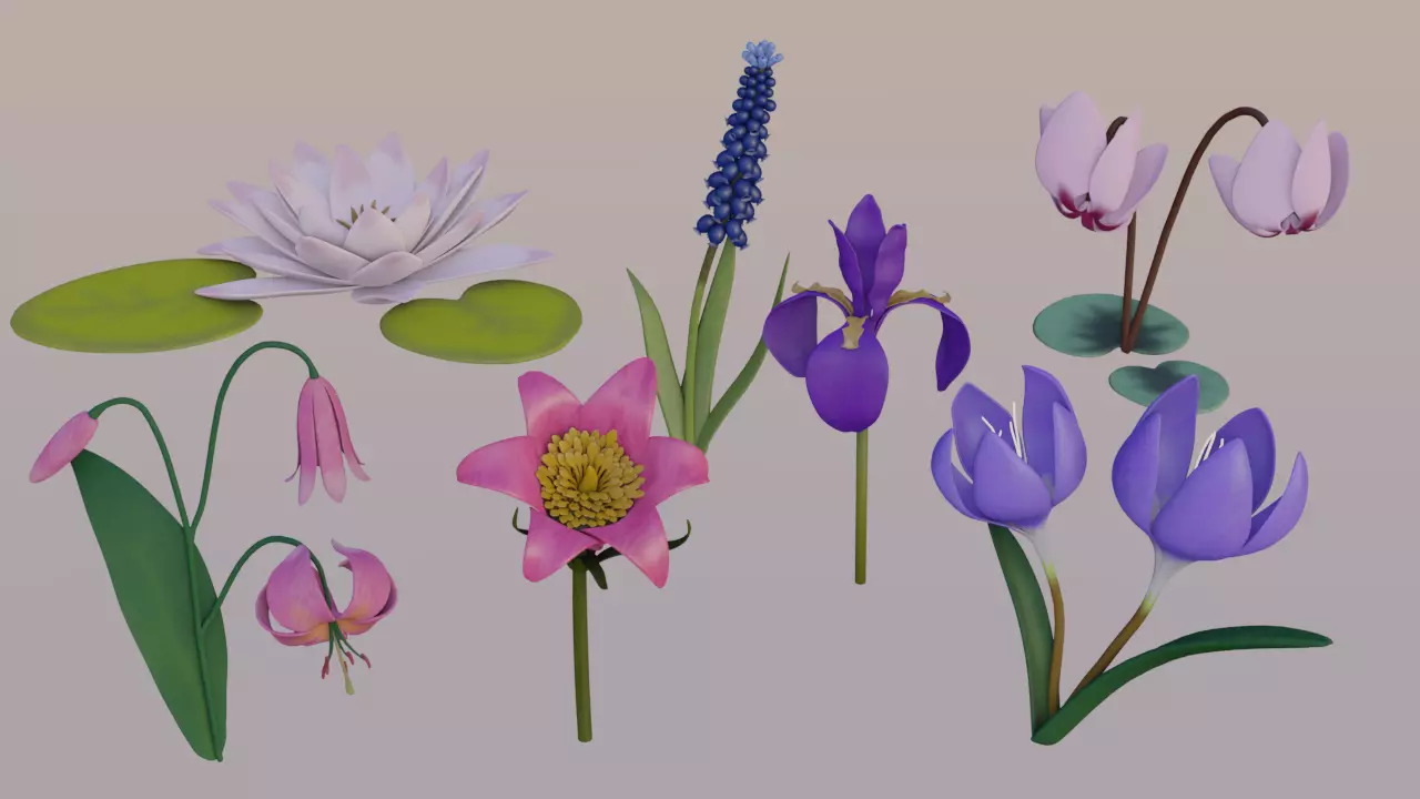 Pack of cartoon flowers Low-poly 3D model