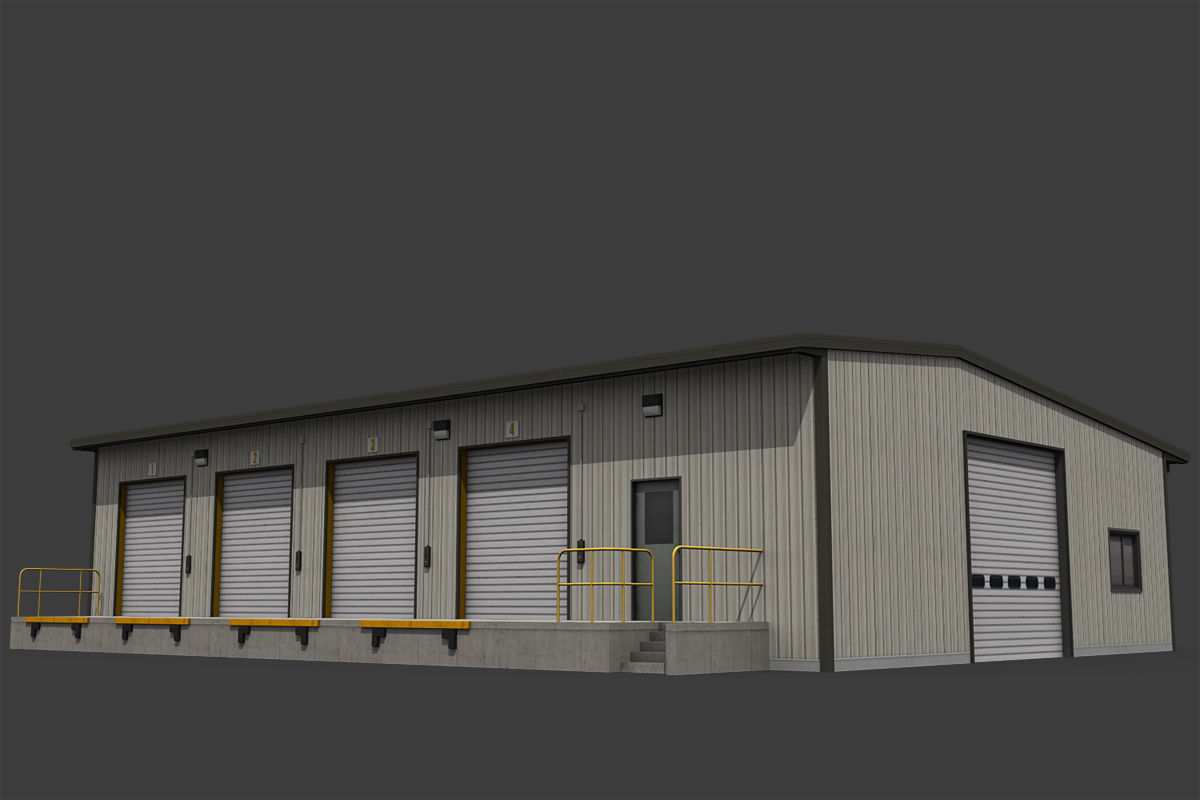 Warehouse metal building with doors and stairs Low-poly 3D model_1