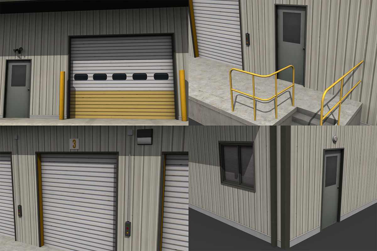 Warehouse metal building with doors and stairs Low-poly 3D model_6