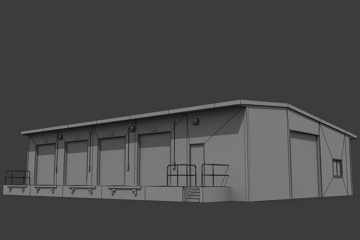 Warehouse metal building with doors and stairs Low-poly 3D model_2