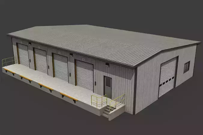 Warehouse metal building with doors and stairs Low-poly 3D model