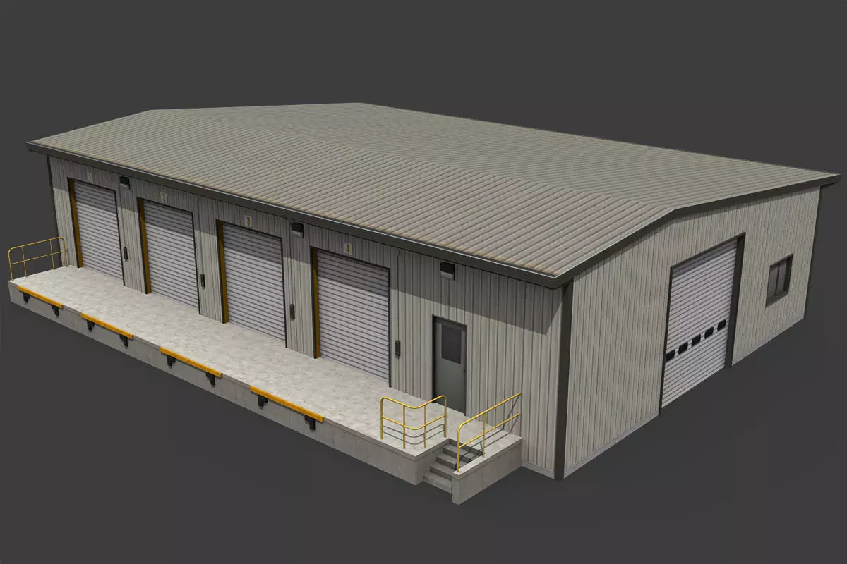 Warehouse metal building with doors and stairs Low-poly 3D model_0