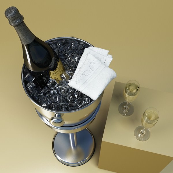 Champagne Set 3 - Bottle Flute and Ice Bucket 3D model_4