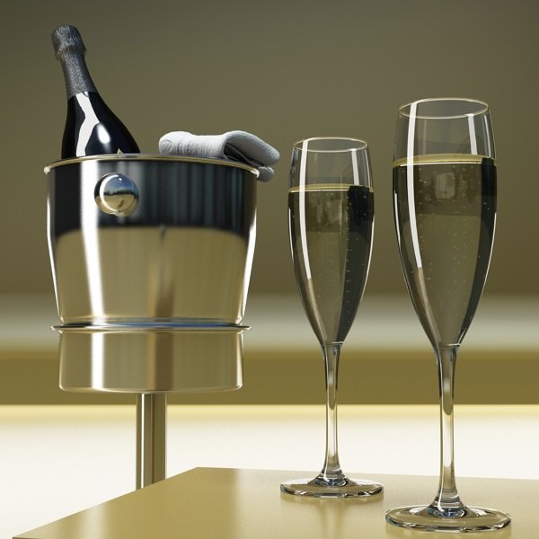 Champagne Set 3 - Bottle Flute and Ice Bucket 3D model_3