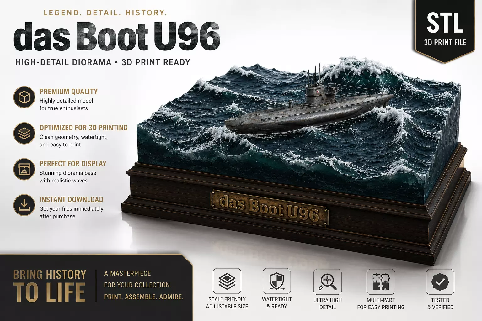German U96 Submarine Diorama STL File 3D print model