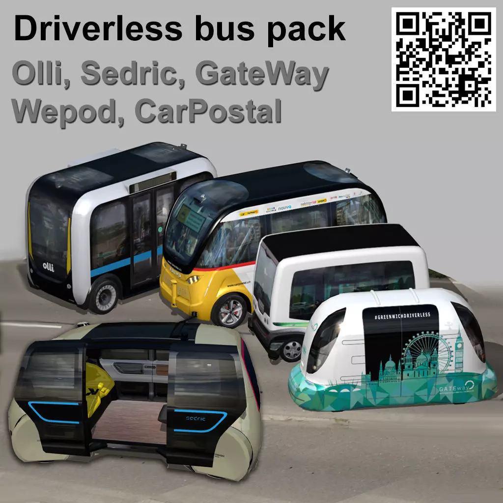 Driverless Electric bus pack Low-poly 3D model_0