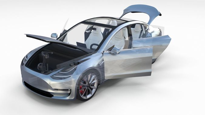 Tesla Model 3 Silver with interior and chassis 3D model