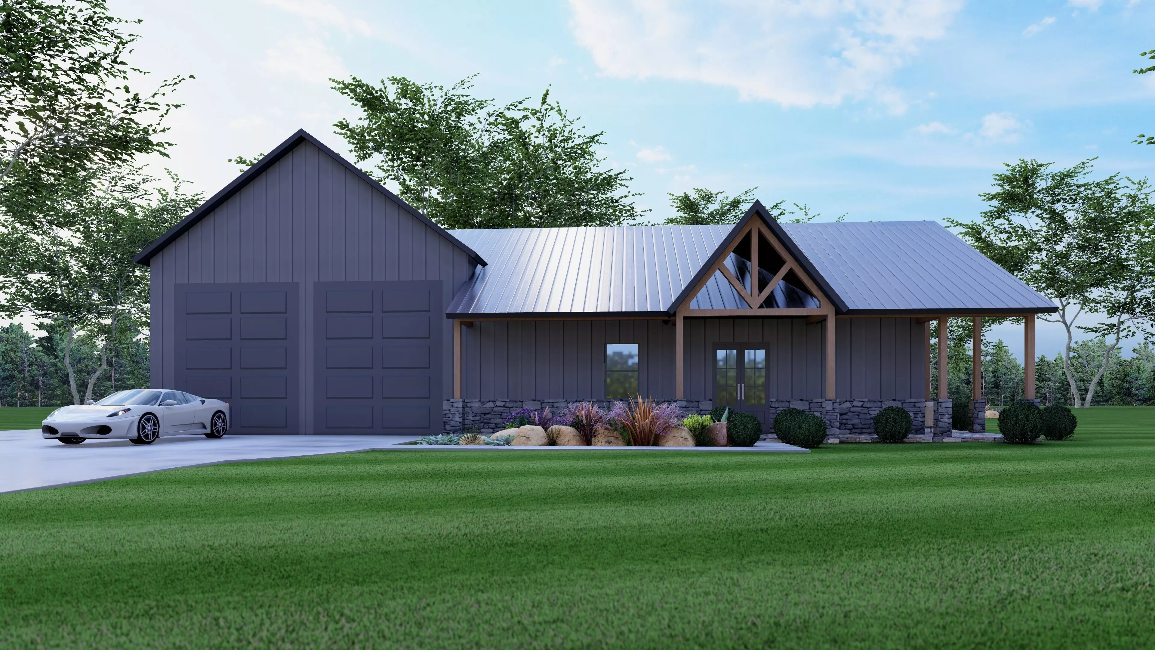 Modern Barndominium House Exterior 3D Render with Large Garage 3D model