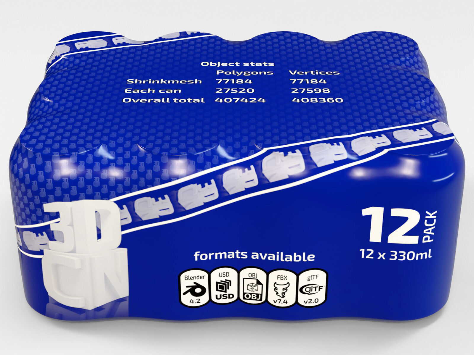 12 pack 330ml shrinkwrapped beverage cans 3D model_2