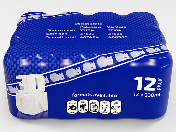 12 pack 330ml shrinkwrapped beverage cans 3D model 3