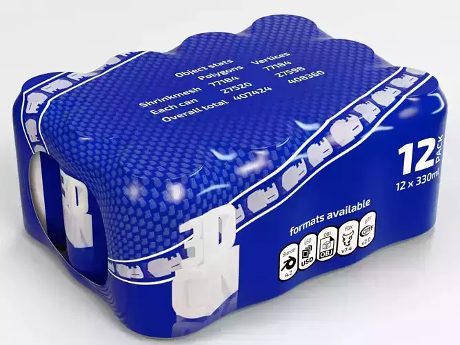 12 pack 330ml shrinkwrapped beverage cans 3D model