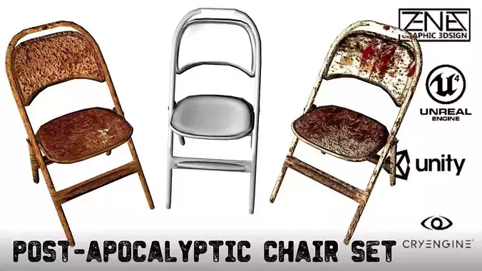 Post-Apocalyptic Folding Chair Set  --  Game-Ready Low-poly 3D model